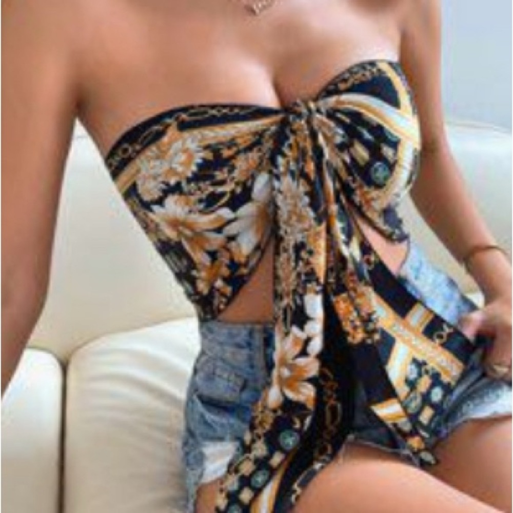Black and Gold Satin Silk Bandana Crop Top